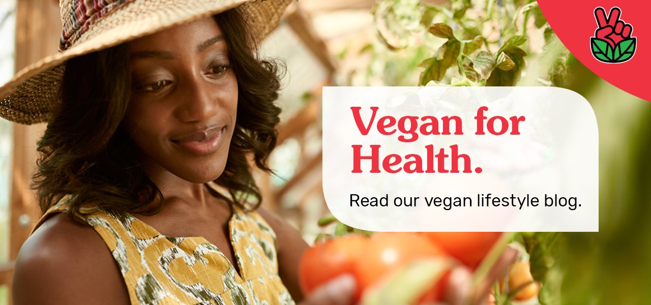 Photograph of a woman at a farmer's market holding some ripe tomatoes. Image says, "Vegan for Health: Read our vegan lifestyle blog."